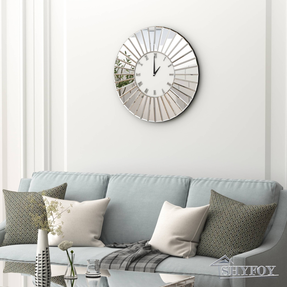 SHYFOY Mirrored Wall Clocks Decor Sparkly Big Decorative Wall Clock - Round Modern Silver Glass Frame for Living Room Decoration Home Decor -