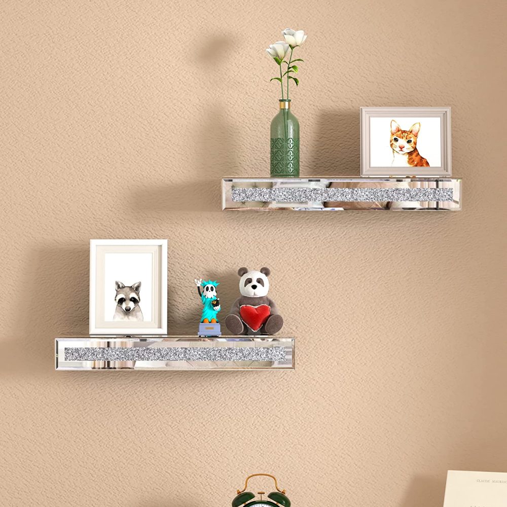 Mirrored Floating Shelves Wall Mounted Set of 2, Glitter Glass Mirror Storage Wall Shelves