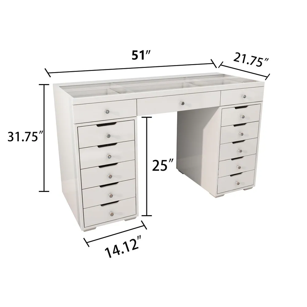 SHYFOY Glossy White Dressing Vanity Table Makeup Desk with 13-Drawer