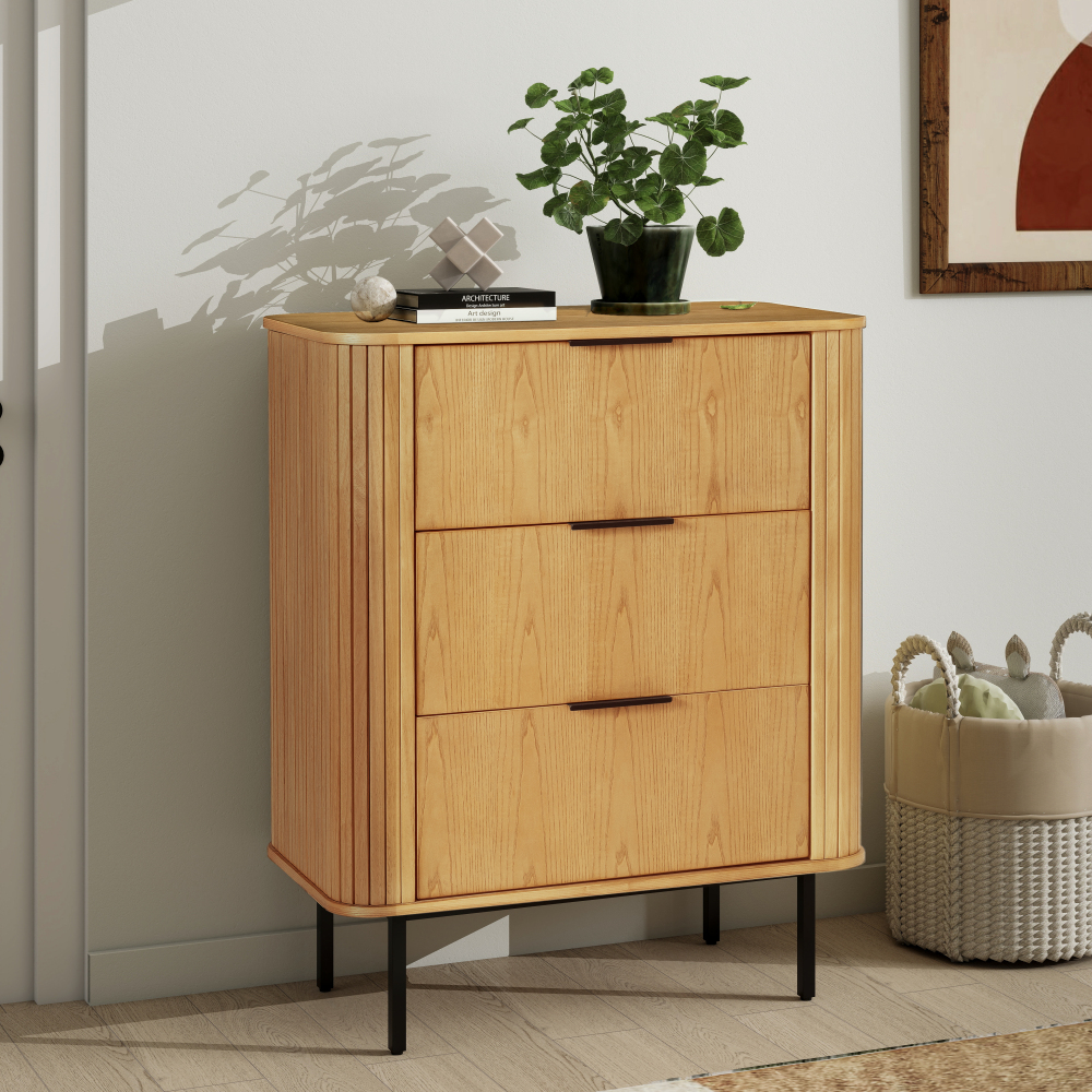 32" Large Fluted Nightstand, Solid Rubber Wood Veneer with 3 Large Storage Drawers