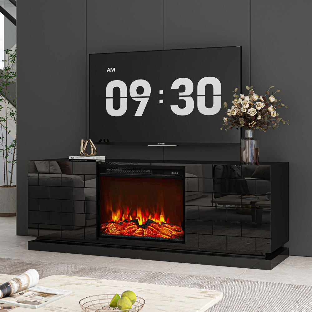 Modern TV Stand with Electric Fireplace, 63" High Gloss Black Entertainment Console with Brick Pattern Doors