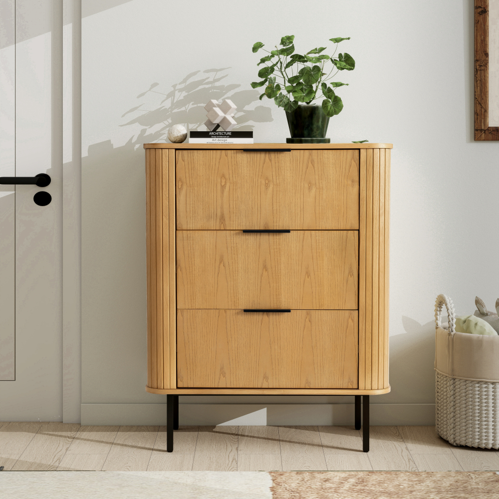 32" Large Fluted Nightstand, Solid Rubber Wood Veneer with 3 Large Storage Drawers