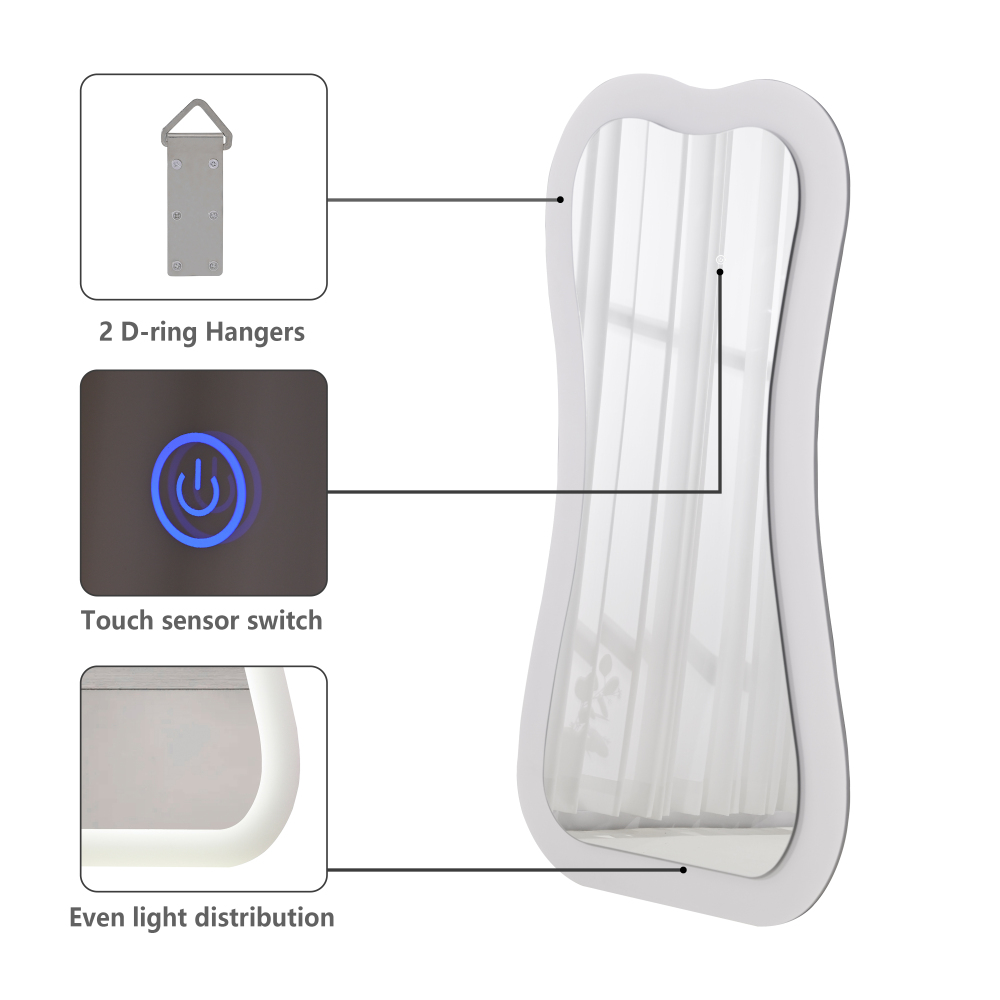 Modern Creative White Wood Floor Mirror with LED Home Furniture Livingroom Bedroom Decorative Art Makeup Dressing Mirror
