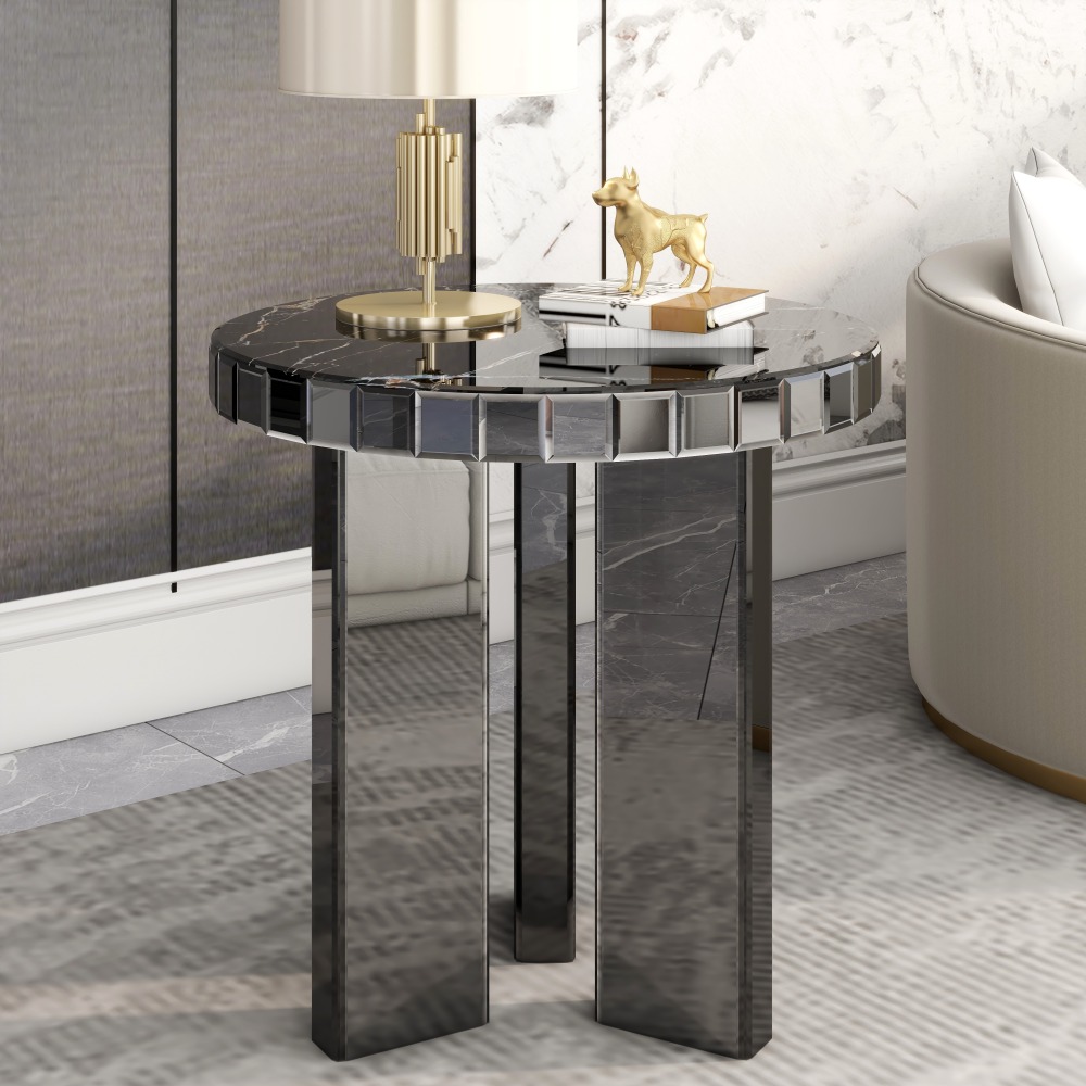 Marble 3 Leg Round End Table Side Table; Modern Black End Table