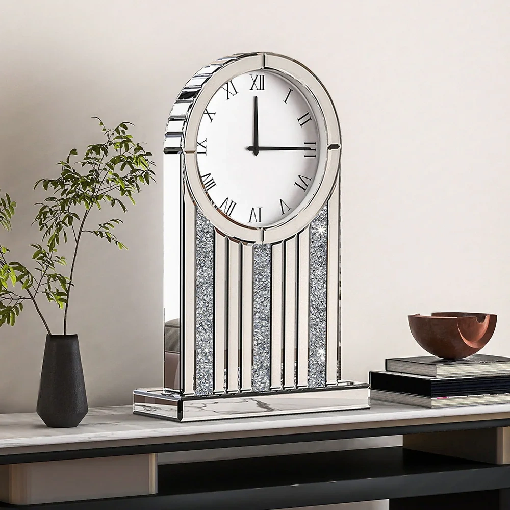 Luxury Mirrored Table Clock, 21.7 Inch Desk Clock with Crystal Accents, Silent Non-Ticking Decorative Desk Clock