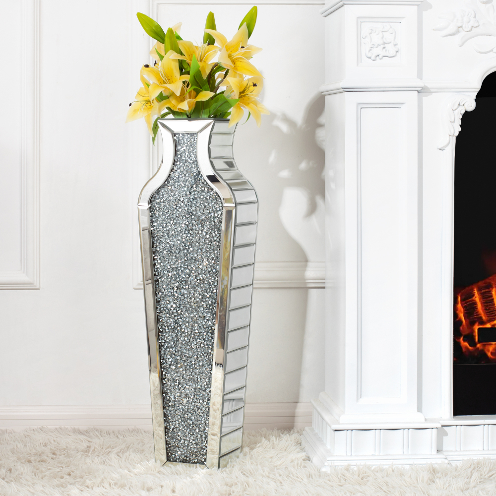 Crushed Diamond Floor Vase, Large Silver Mirror Tall Vases for Floor, Modern Luxury Glass Vases Home Decor for Living Room