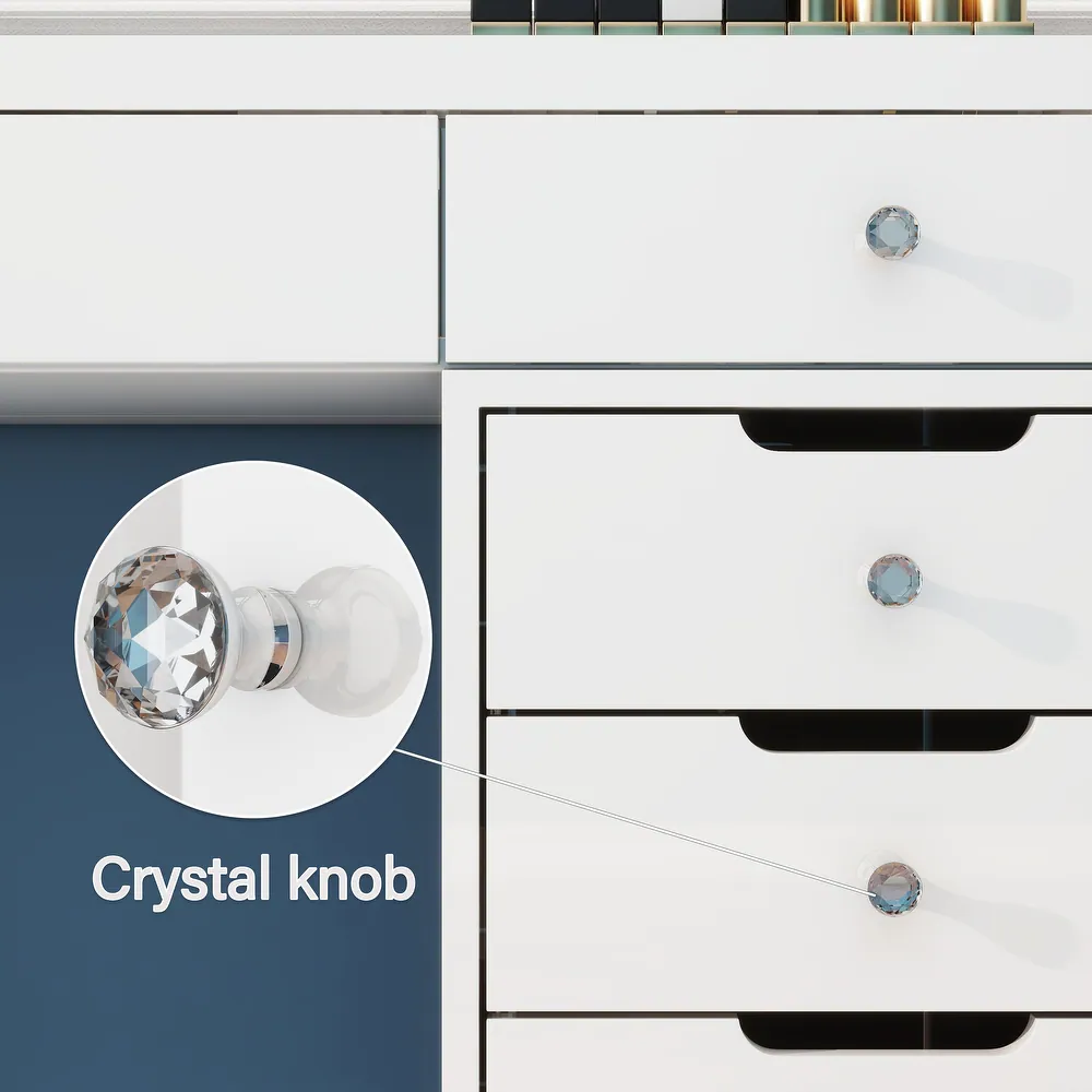 SHYFOY Glossy White Dressing Vanity Table Makeup Desk with 13-Drawer