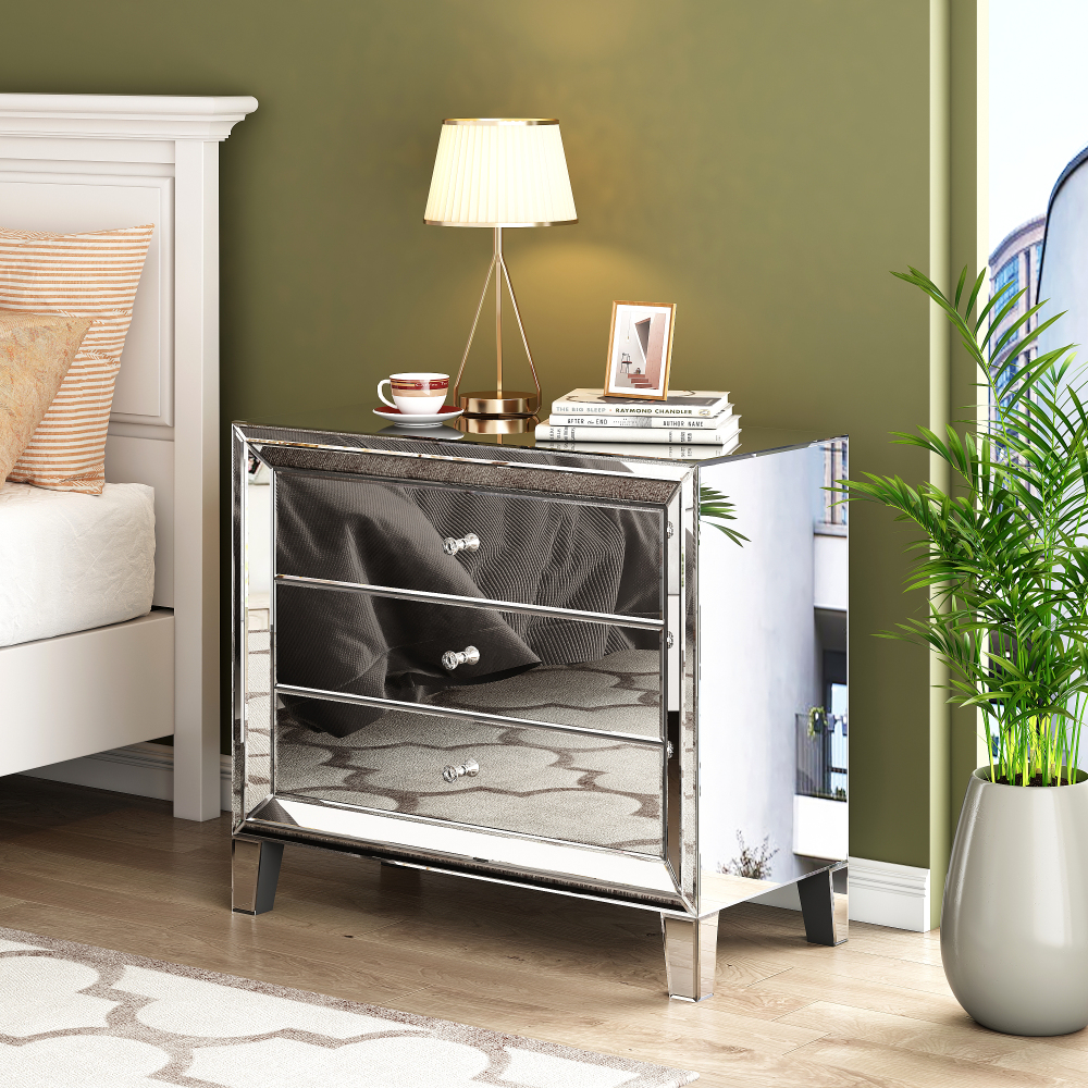 Mirrored Nightstand with 3 Drawers, Silver Glass Bedside Table with Crystal Handles