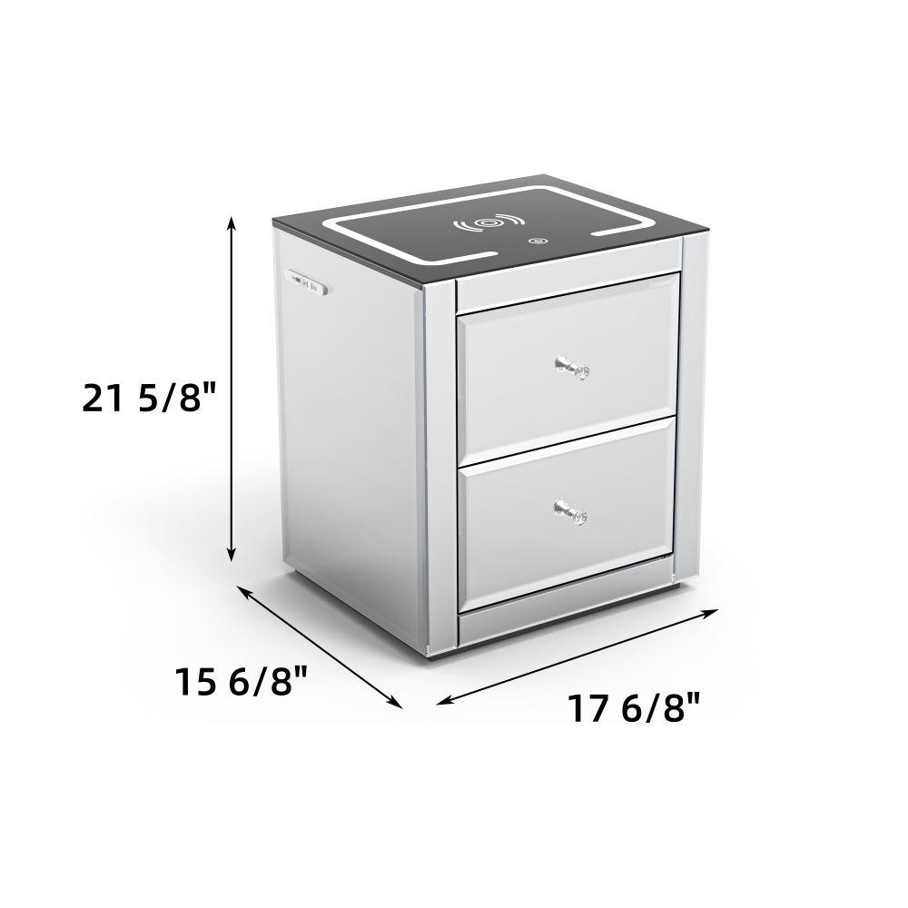 Nightstand Mirror Glass Top with Wireless Charging Station LED Light