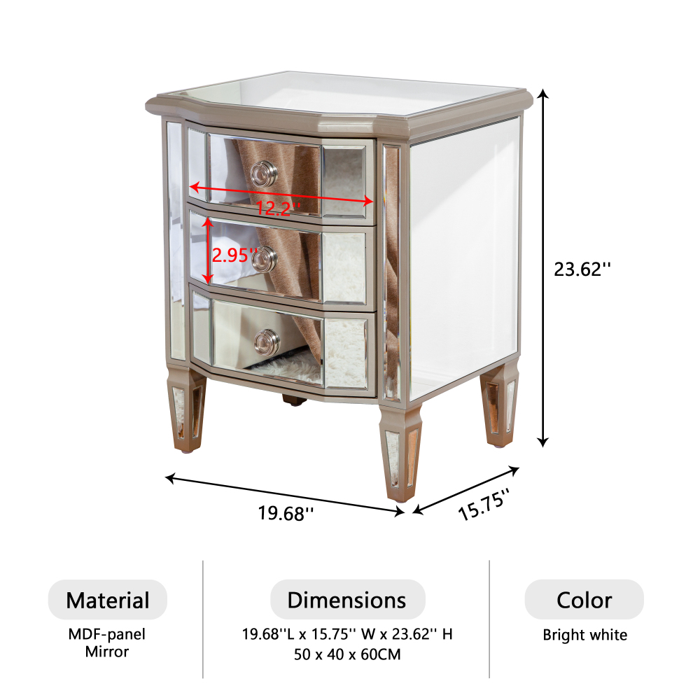 SHYFOY 23.62" Mirror Glass 3-Drawers Vintage Border Nightstand / SF-BT124