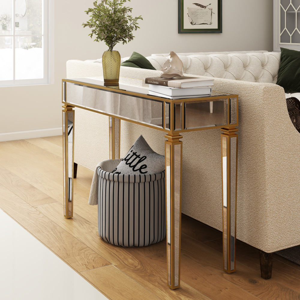 Vintage Mirrored Console Table, 43.31" Long Distressed Gold Entryway Table with Aged Glass, Antique Sofa Table with MDF Frame