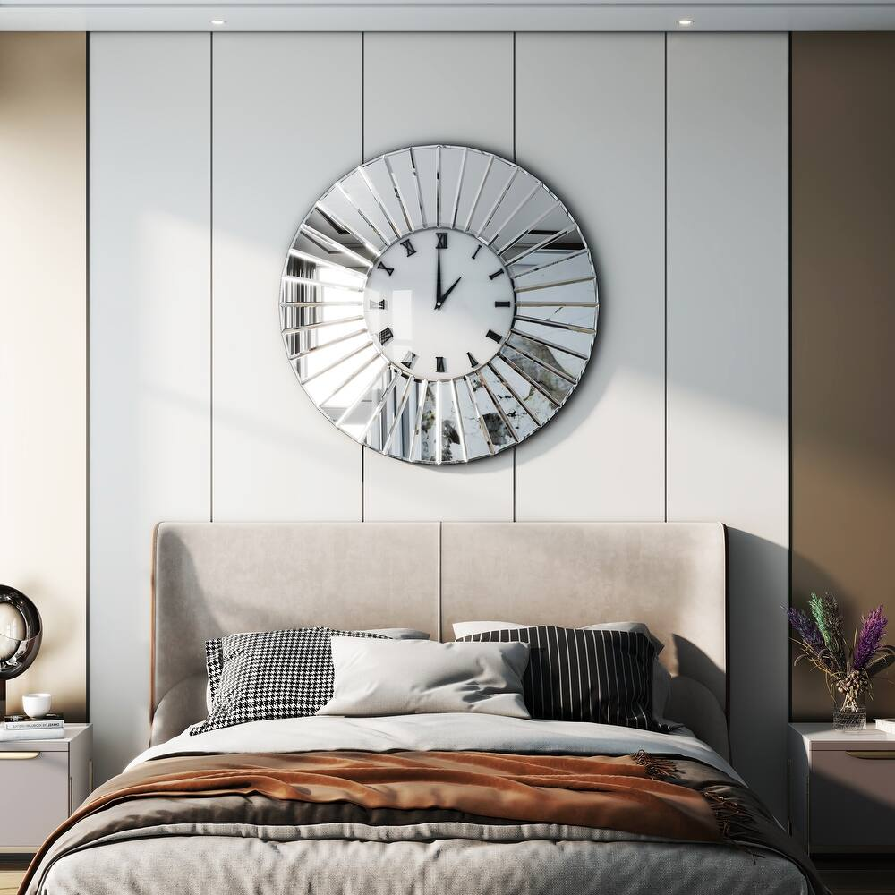SHYFOY 23.6 Mirrored Wall Clocks Decor Sparkly Big Decorative Wall Clock - Round Modern Silver Glass Frame for Living Room Decoration Home Decor -