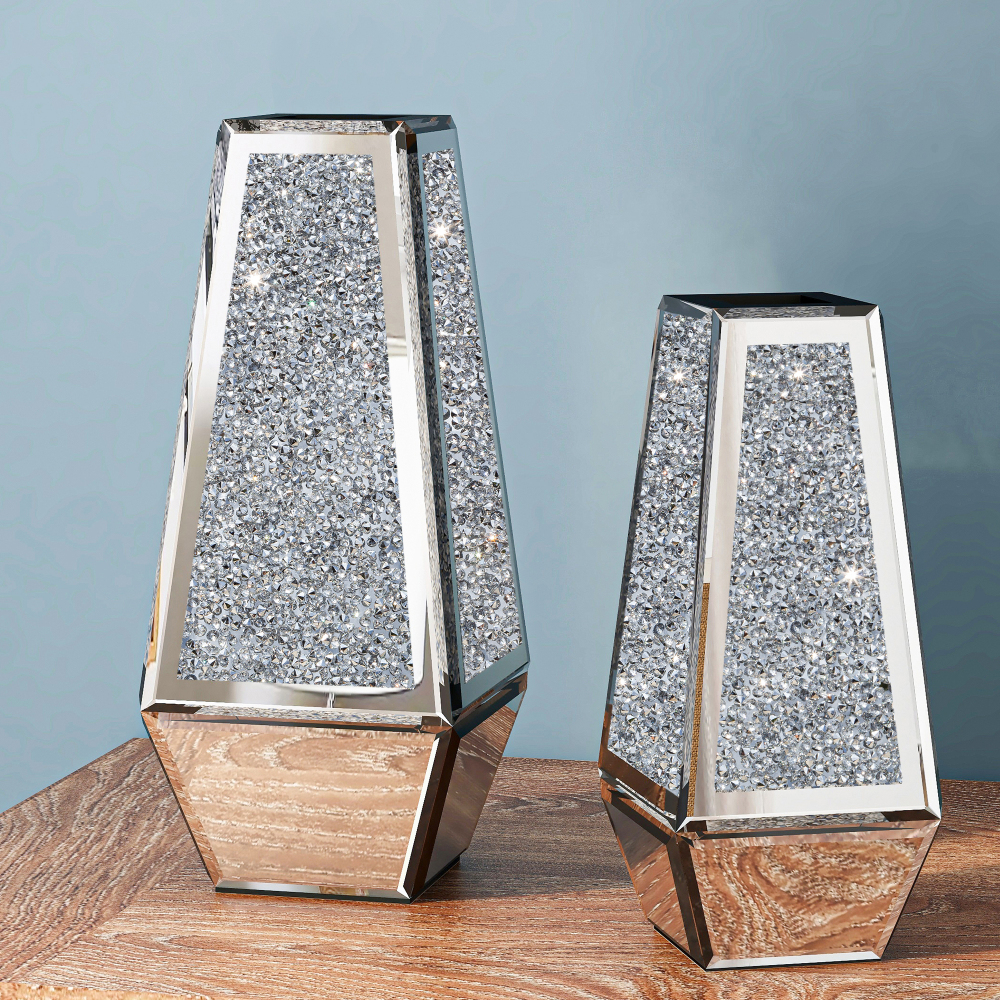 SHYFOY Crushed Diamond Mirrored Vases Set of 2, Silver Glass Flower Vases for Table - Can’t Hold Water Ornaments