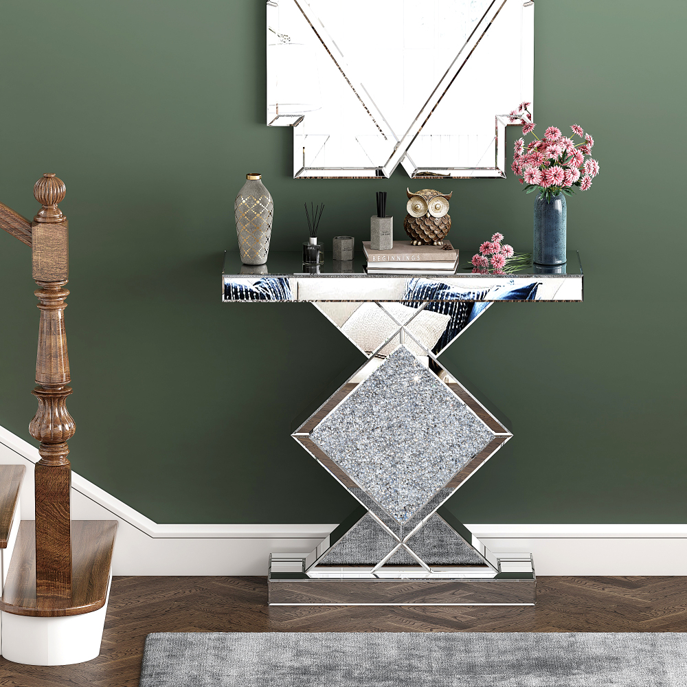 Console Table Mirrored, Silver Entryway Tables with Diamond Shaped Mirror Finished, 31.5'' Long Accent Narrow Table