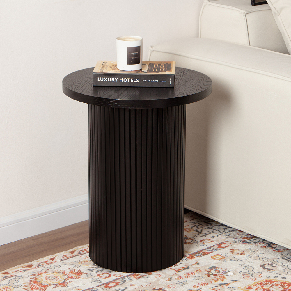 Side Tables Living Room, Modern Drum End Table, 18 inch Wide Black Accent Table