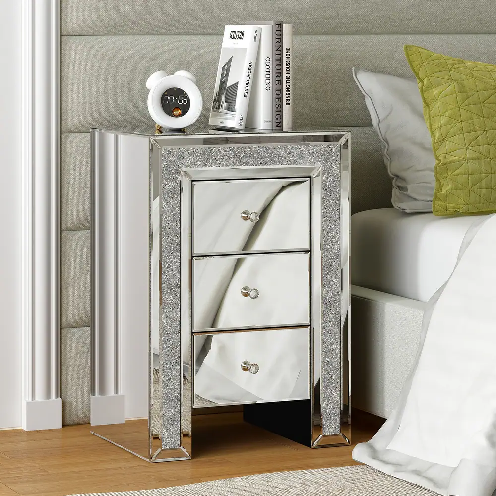 SHYFOY Crushed Diamond Mirrored Nightstand with 3 Drawers / SF-BT011