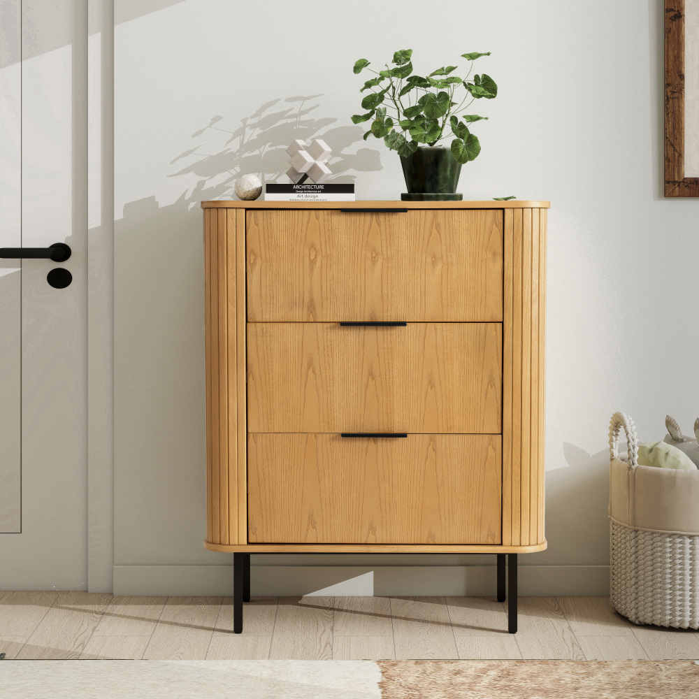 32" Large Fluted Nightstand, Solid Rubber Wood Veneer with 3 Large Storage Drawers