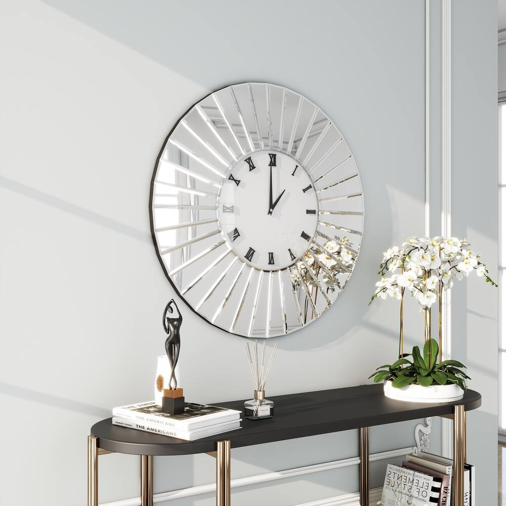 SHYFOY 23.6 Mirrored Wall Clocks Decor Sparkly Big Decorative Wall Clock - Round Modern Silver Glass Frame for Living Room Decoration Home Decor -