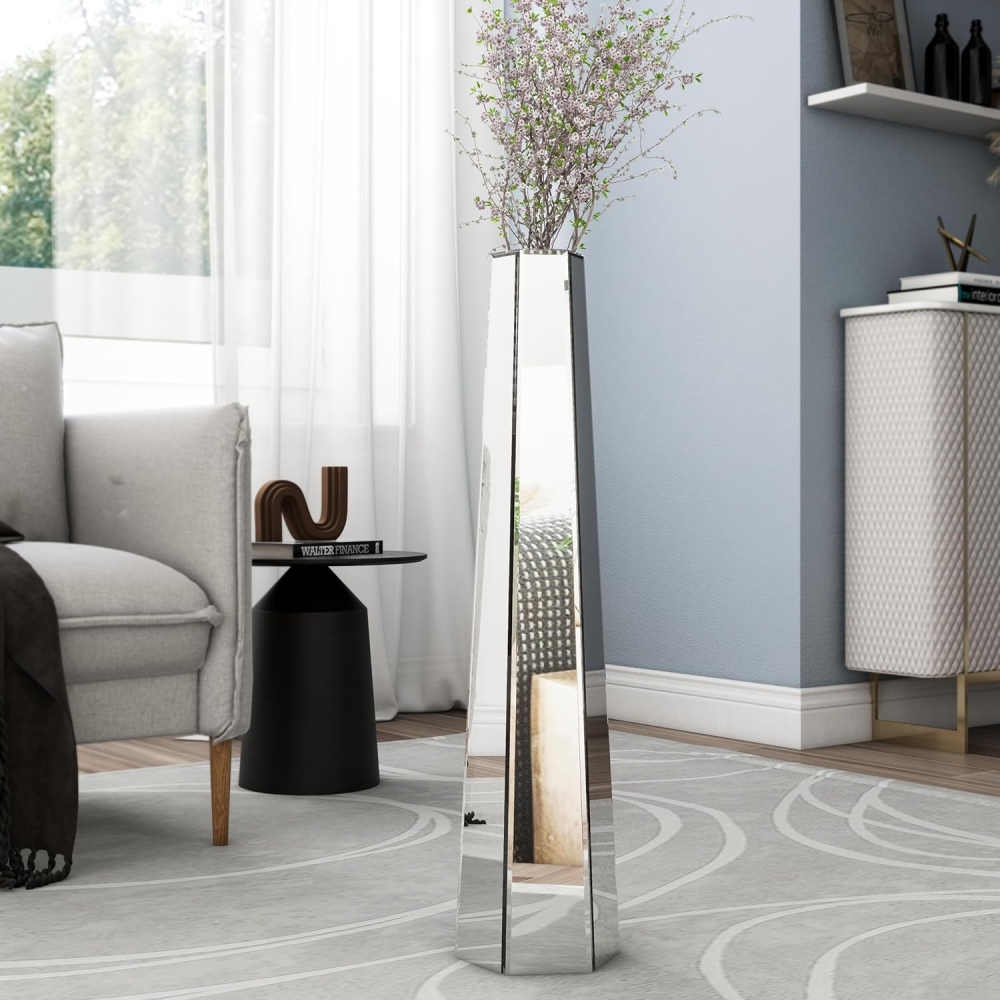 Tall Mirror Floor Vase, Silver Large Vases Sophisticated Vessel for Decorative Branches