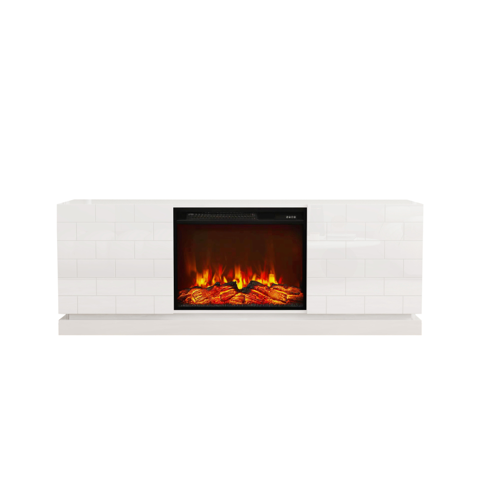 63" TV Stand with Electric Fireplace, Modern White High Gloss Entertainment Center with Brick Pattern Doors