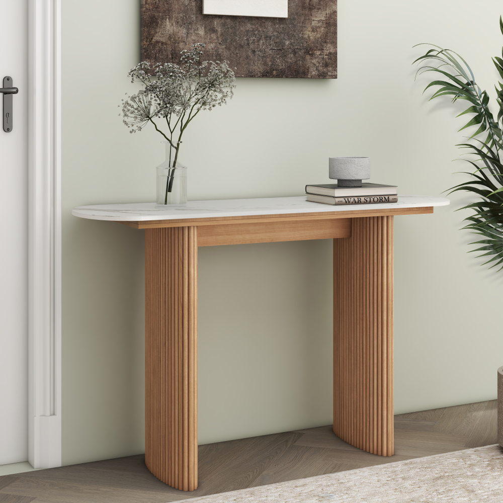 Natural  Marbled Wood Console Table Entryway Table with Fluted Base