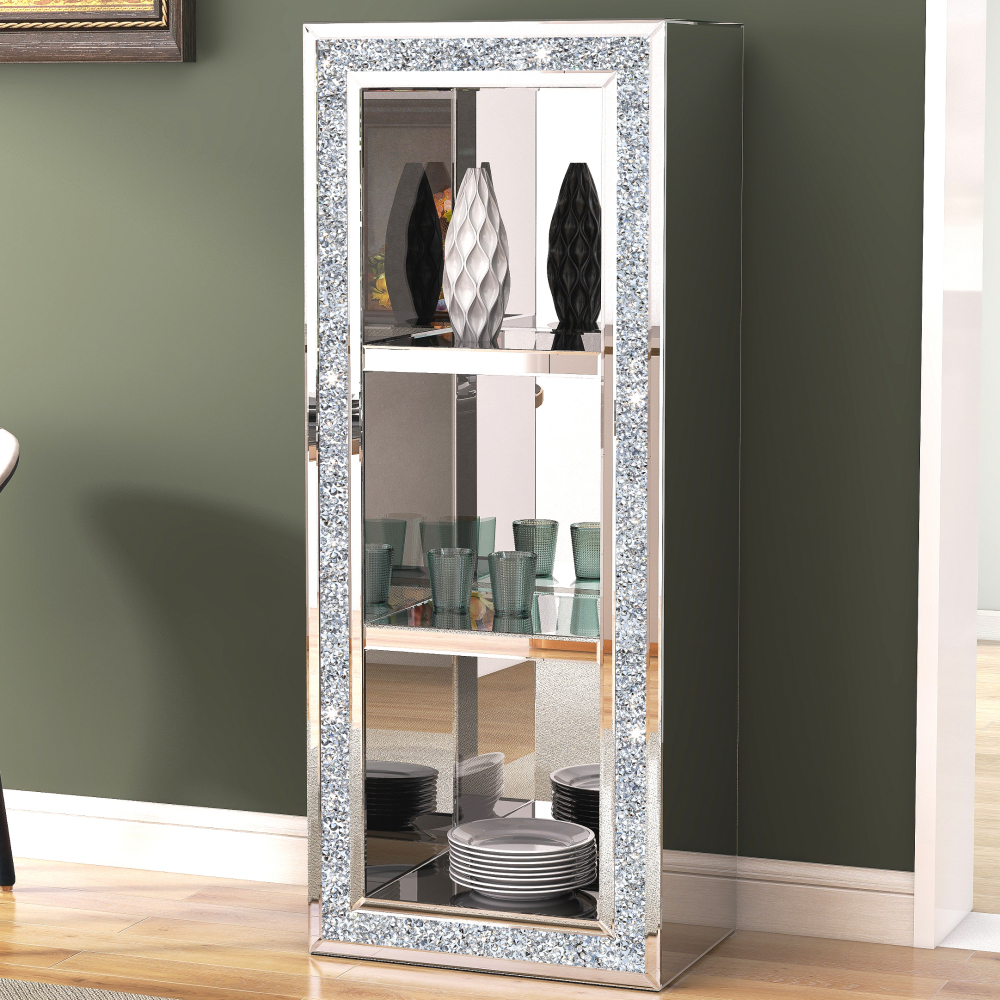 SHYFOY 3 Shelves Accent Display Cabinet with Door Crushed Crystals Inlay