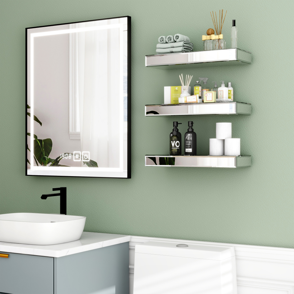 Mirrored Floating Shelves for Wall, Set of 3 Glass Wall Mounted Shelves for Bathroom Decor