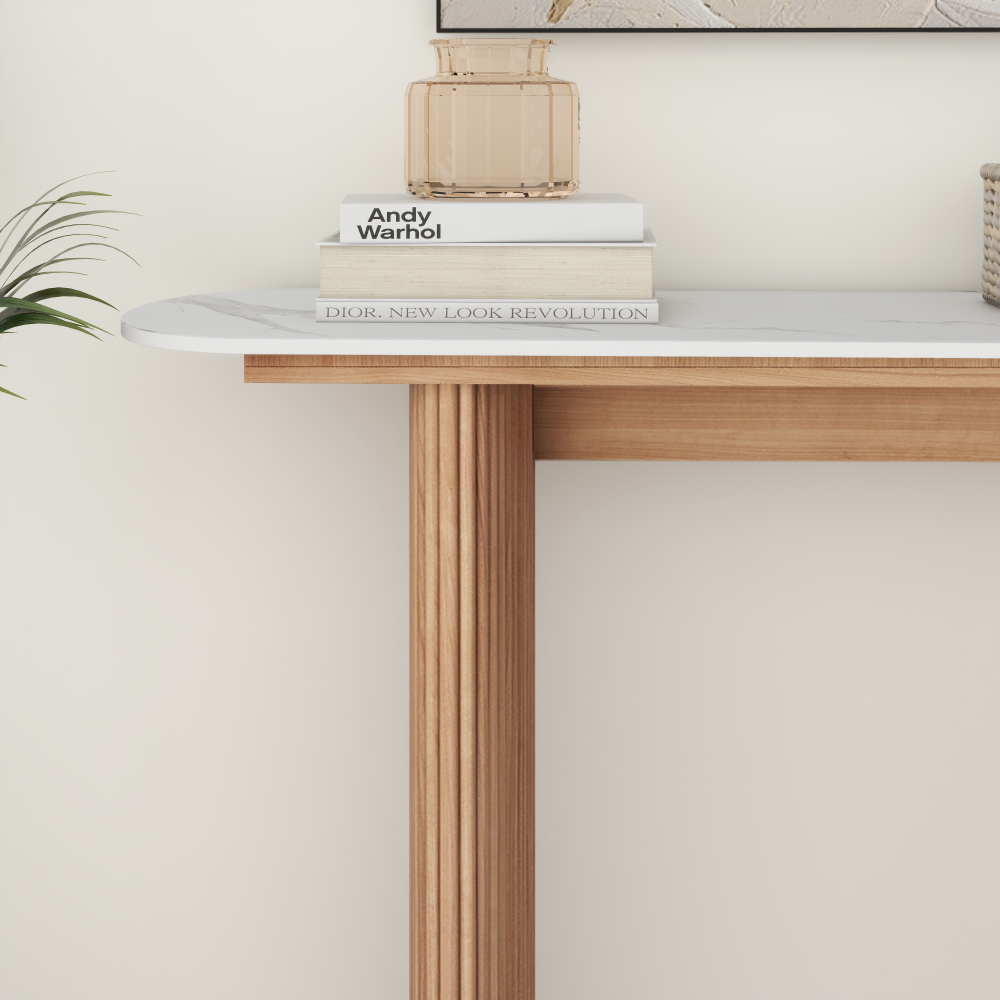 Natural  Marbled Wood Console Table Entryway Table with Fluted Base