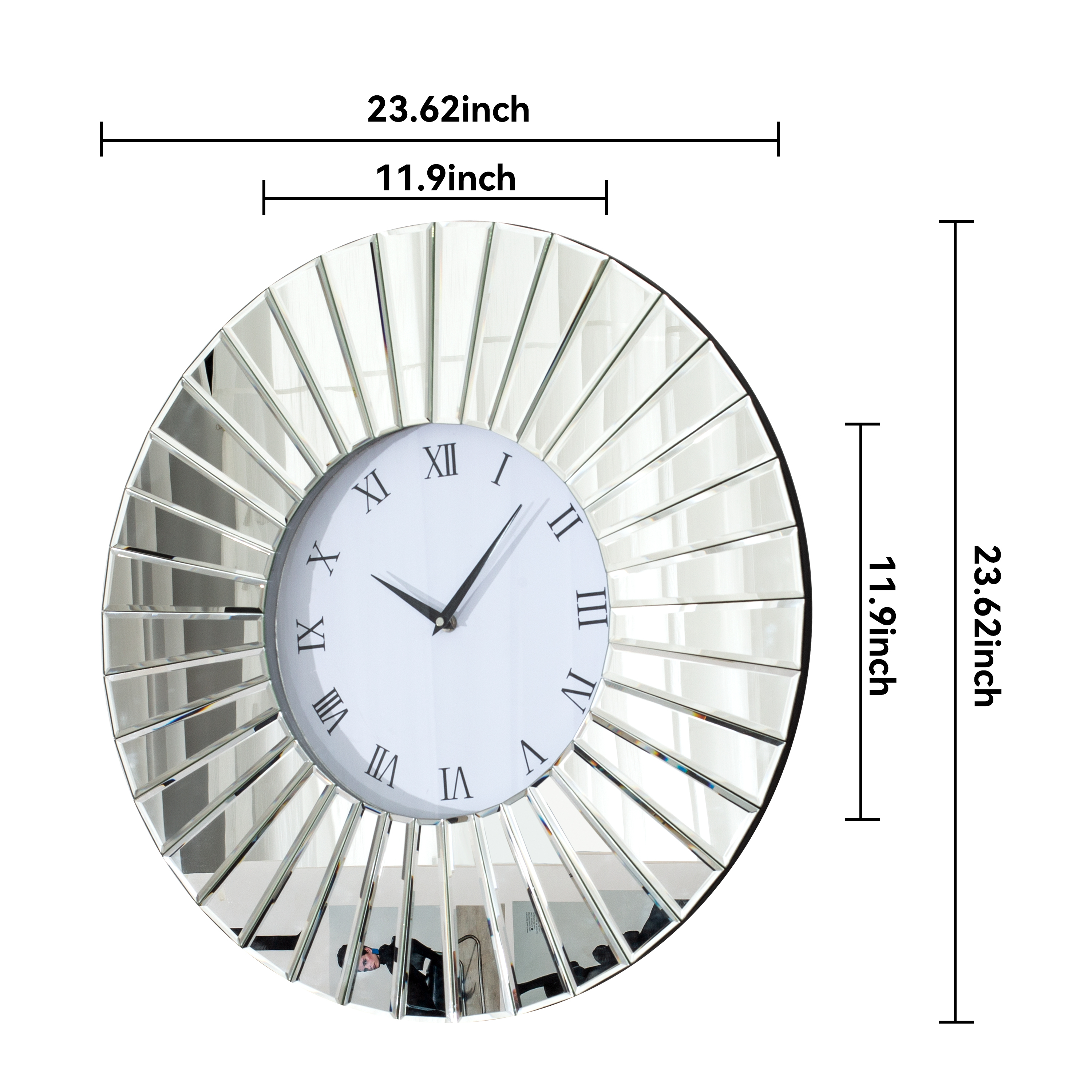 SHYFOY 23.6 Mirrored Wall Clocks Decor Sparkly Big Decorative Wall Clock - Round Modern Silver Glass Frame for Living Room Decoration Home Decor -