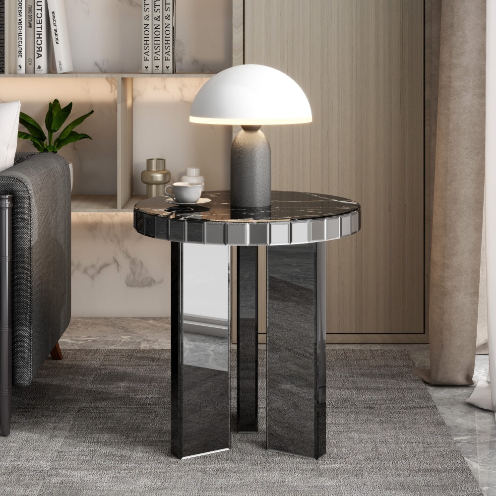 Marble 3 Leg Round End Table Side Table; Modern Black End Table