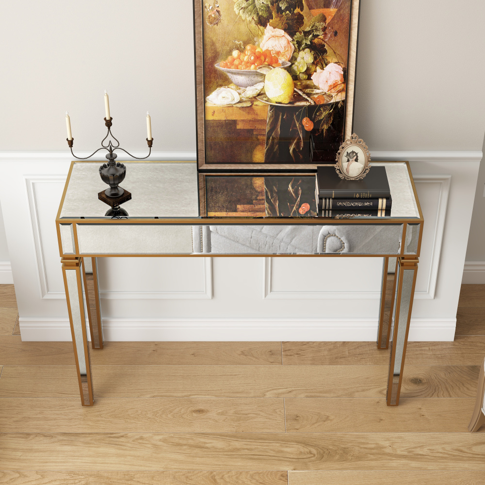 Vintage Mirrored Console Table, 43.31" Long Distressed Gold Entryway Table with Aged Glass, Antique Sofa Table with MDF Frame