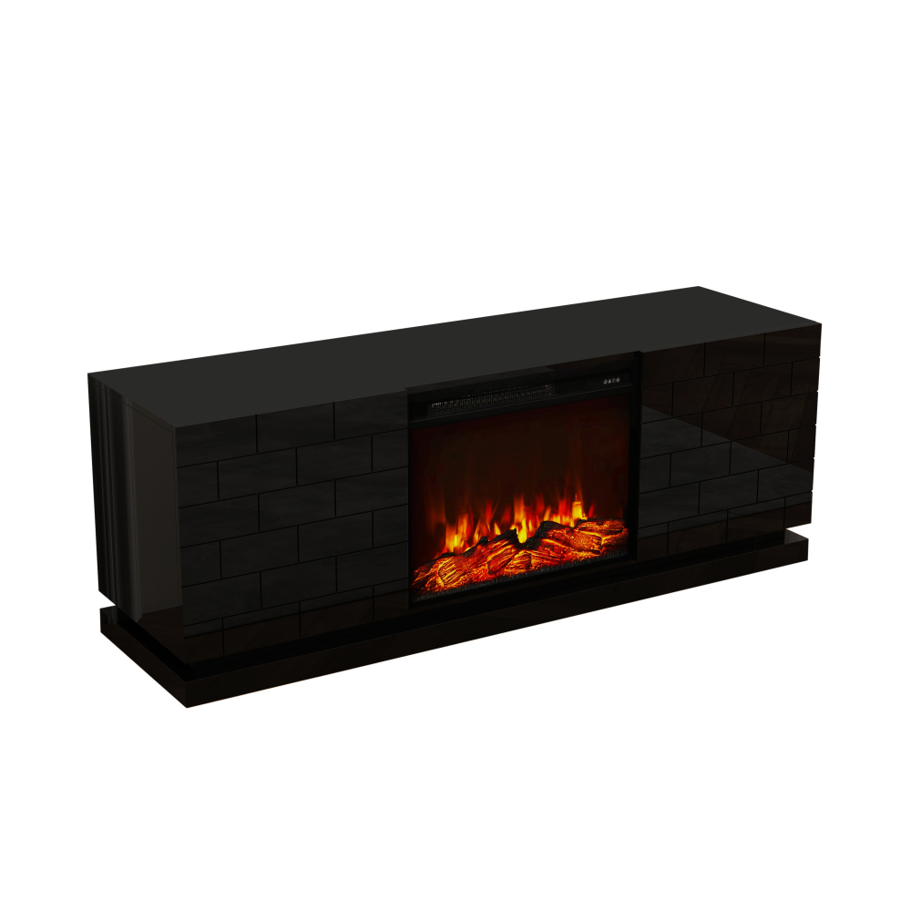 Modern TV Stand with Electric Fireplace, 63" High Gloss Black Entertainment Console with Brick Pattern Doors
