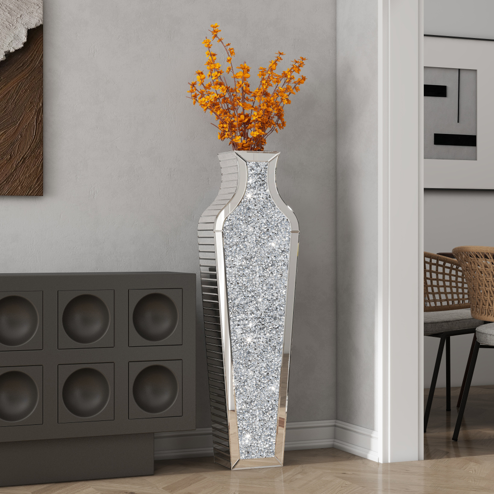 Crushed Diamond Floor Vase, Large Silver Mirror Tall Vases for Floor, Modern Luxury Glass Vases Home Decor for Living Room