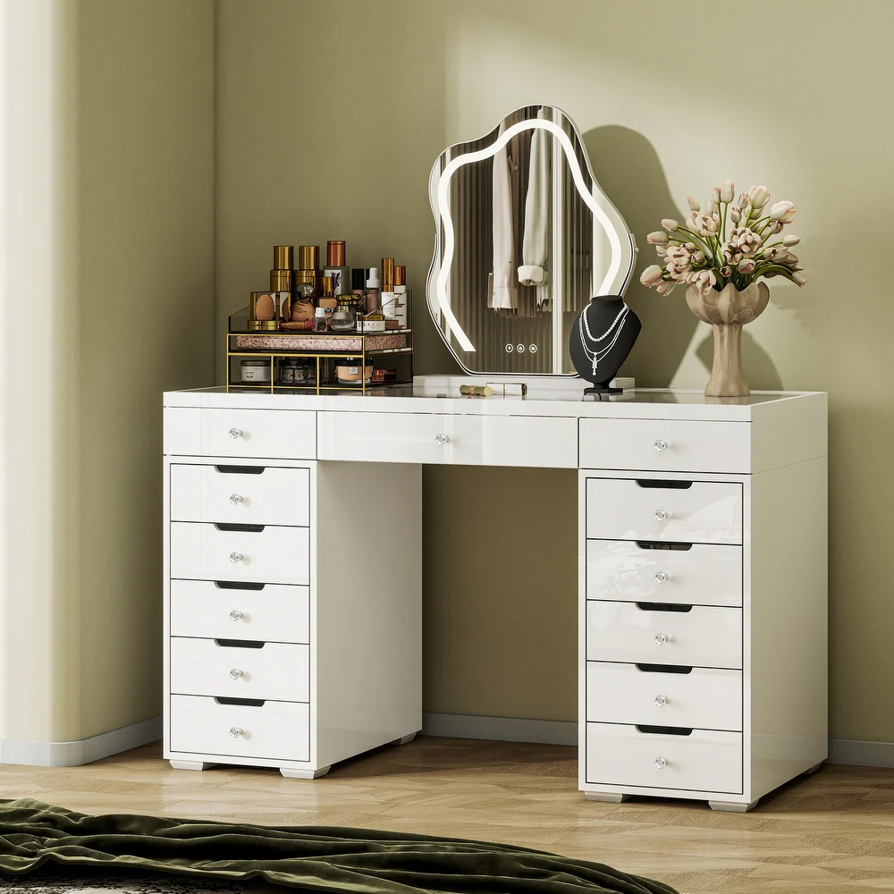 SHYFOY Glossy White Dressing Vanity Table Makeup Desk with 13-Drawer