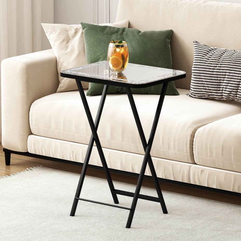 Mirrored End Table Crushed Diamond Folding TV Dinner Table Tray, Portable Sofa Side Table