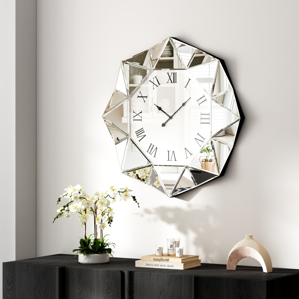 Decorative Wall Clock, 22 inch Mirrored Large Wall Clock, Silver Modern Silent Wall Clocks Diamond Beveled Frame Edge