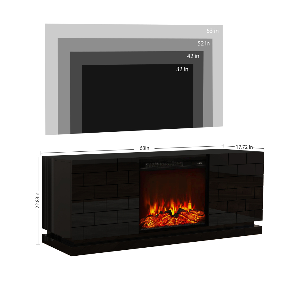 Modern TV Stand with Electric Fireplace, 63" High Gloss Black Entertainment Console with Brick Pattern Doors