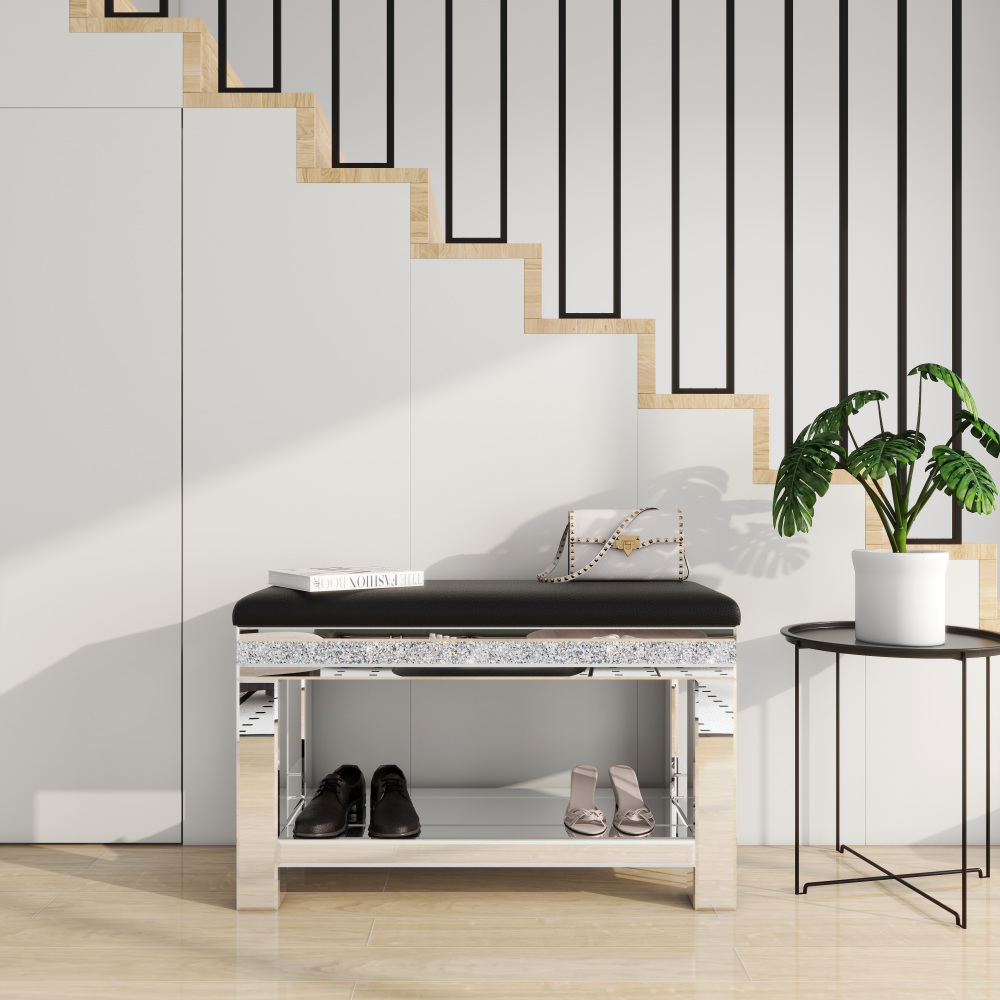 End of Bed Bench, 31" Mirrored Dining Bench Seat, Black Leather Upholstered Bench Ottoman Bench Storage Bench