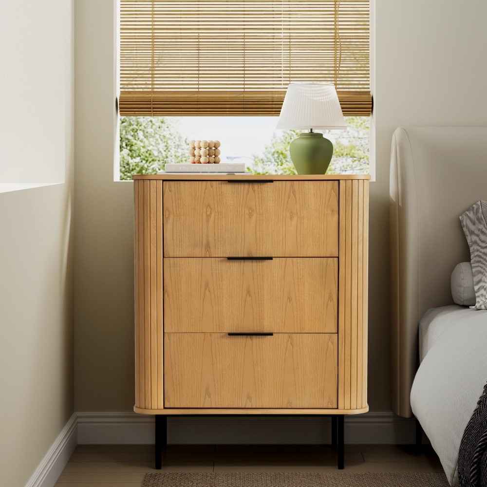 32" Large Fluted Nightstand, Solid Rubber Wood Veneer with 3 Large Storage Drawers