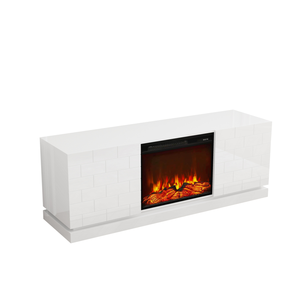 63" TV Stand with Electric Fireplace, Modern White High Gloss Entertainment Center with Brick Pattern Doors