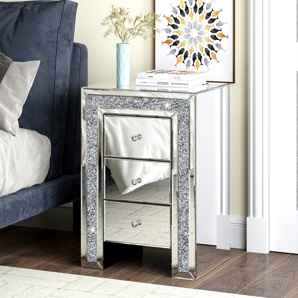 Mirrored Glass Nightstand with 3 Drawers, Crystal Handles, 27.16" H x 20.07" W x 13.78" D
