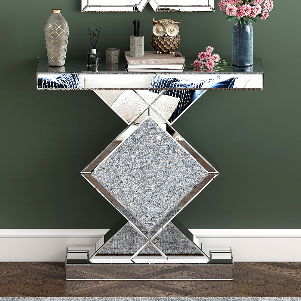Console Table Mirrored, Silver Entryway Tables with Diamond Shaped Mirror Finished, 31.5'' Long Accent Narrow Table
