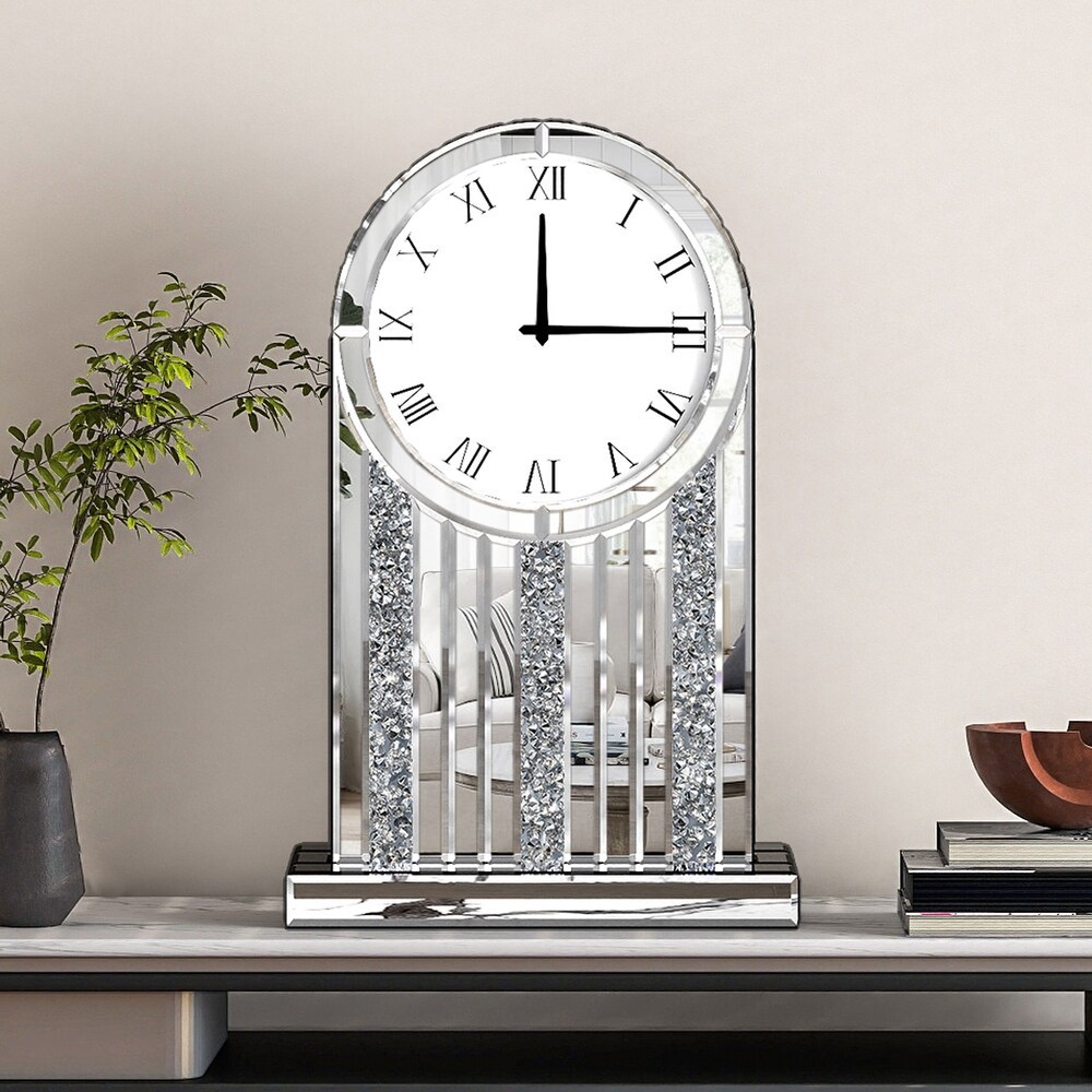 Luxury Mirrored Table Clock, 21.7 Inch Desk Clock with Crystal Accents, Silent Non-Ticking Decorative Desk Clock