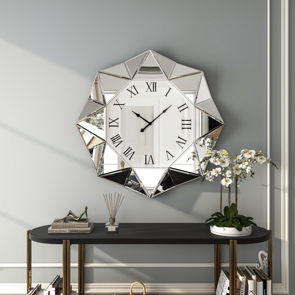 Decorative Wall Clock, 22 inch Mirrored Large Wall Clock, Silver Modern Silent Wall Clocks Diamond Beveled Frame Edge