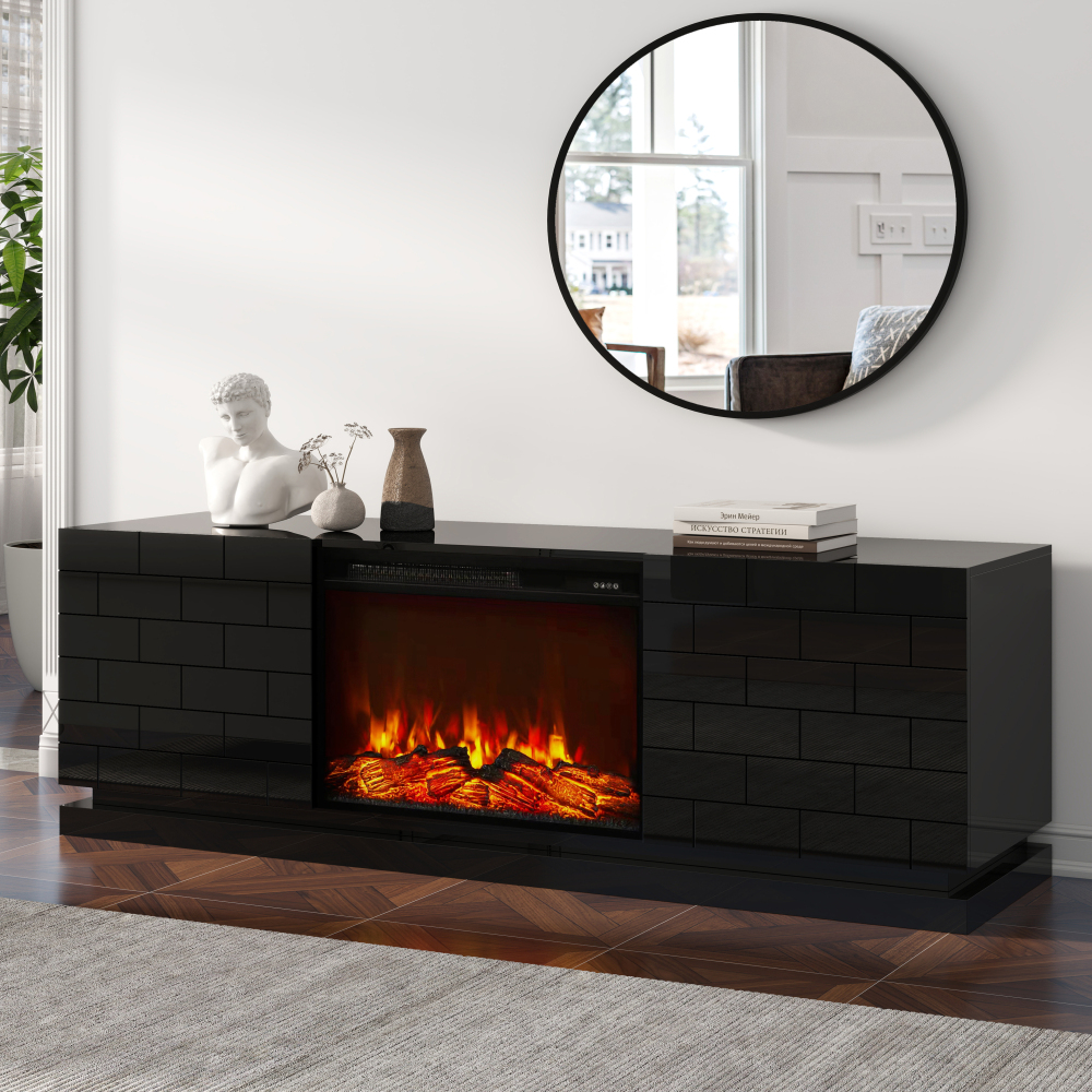 Modern TV Stand with Electric Fireplace, 63" High Gloss Black Entertainment Console with Brick Pattern Doors