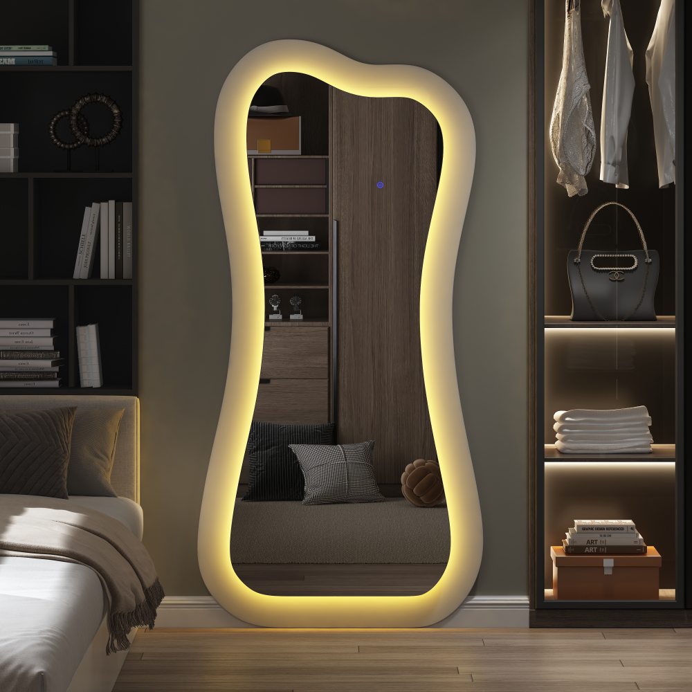Modern Creative White Wood Floor Mirror with LED Home Furniture Livingroom Bedroom Decorative Art Makeup Dressing Mirror