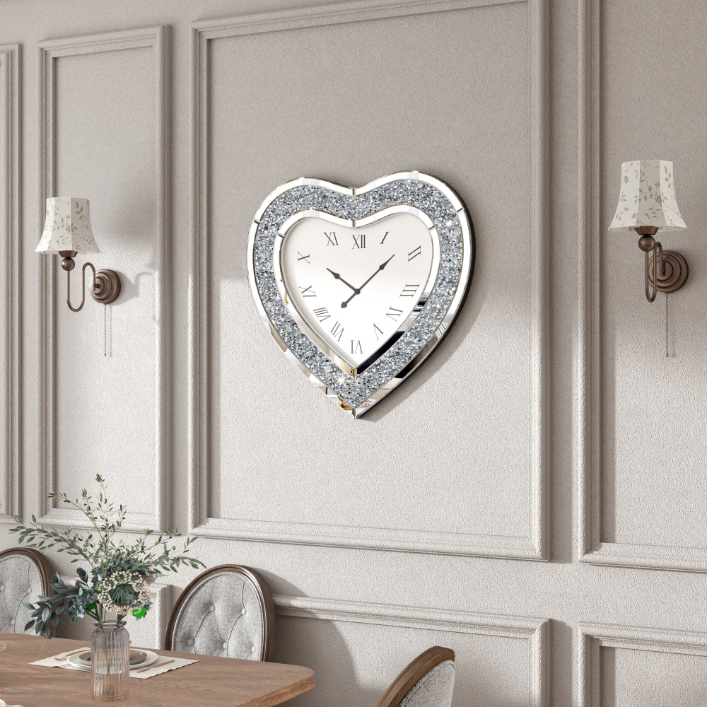 SHYFOY Deorative Wall Clock, 24 inch Heart-Shaped Mirror Wall Clock, Crushed Diamond Non-Ticking Wall Clocks for Bedroom