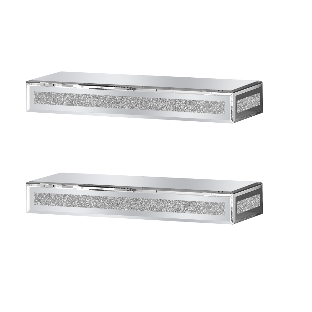 Mirrored Floating Shelves Wall Mounted Set of 2, Glitter Glass Mirror Storage Wall Shelves