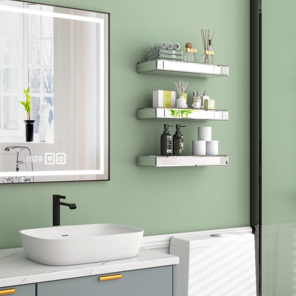 Mirrored Floating Shelves for Wall, Set of 3 Glass Wall Mounted Shelves for Bathroom Decor