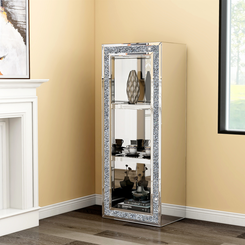 SHYFOY 3 Shelves Accent Display Cabinet with Door Crushed Crystals Inlay